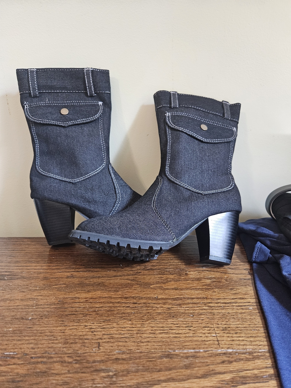 Women’s Dark Blue Denim Mid-Calf Heeled Boots